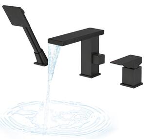 Rubinetto per lavabo con 3 fori, colore nero opaco, modello a cascata, con bocchetta girevole a 360 gradi