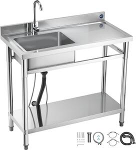 Lavello da cucina - Lavello da cucina in acciaio inox a vasca singola indipendente - 100 x 50 x 94 cm - Con rubinetto - Ripiano - Piano di lavoro - Vasca a destra - Per la ristorazione e l'uso all'aperto