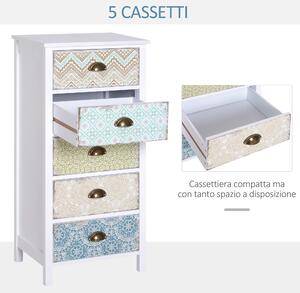 Homcom Cassettiera Mobiletto Vintage con 5 Cassetti Fantasia, per Bagno, Ingresso, Camera, Bianco 46x34x97.5cm