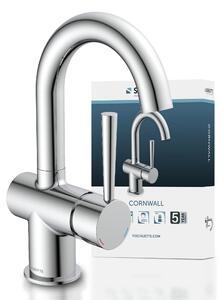 Miscelatore per lavabo con scarico ad arco alto e rotondo, cromato