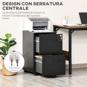 Vinsetto Cassettiera Ufficio con Ruote, Schedario Portadocumenti 2 Cassetti, Serratura e 2 Chiavi, 39x48x67cm - Nero
