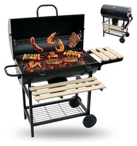 Relaxdays: barbecue a carbonella con carrello, coperchio e termometro, barbecue portatile, barbecue da giardino XXL con ripiani, nero/naturale