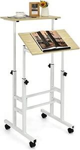Scrivania sit-stand regolabile in altezza, scrivania per computer e da disegno su rotelle, tavolo mobile per PC con 2 postazioni di lavoro separate, tavolo da lavoro (beige)