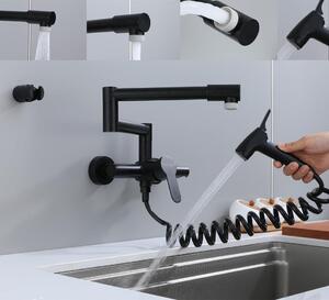 Rubinetto da cucina pieghevole, da montare a parete, con tubo girevole a 360°, funzioni di spruzzo multifunzionali, colore nero