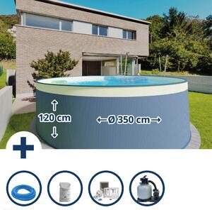 Set piscina con pareti in acciaio (5 pezzi) rotonda 350 x 120 cm, acciaio 0,4 mm antracite, telo 0,3 mm sabbia