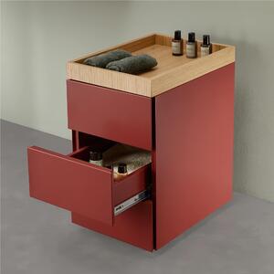 Cassettiera 3 cassetti con vassoio superiore in Rovere Europeo Dimensioni 32x44x h 55 cm Struttura in legno con 4 ruote con freno colore Rosso Terracotta