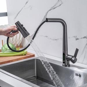 Miscelatore da cucina monocomando con bocca estraibile, orientabile a 360°, indicatore di temperatura a LED, 3 tipi di getto, grigio