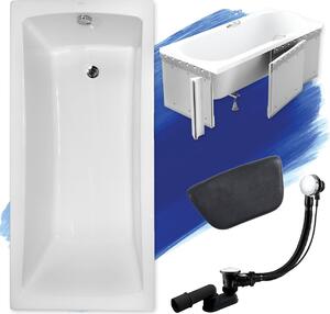 Set da bagno rettangolare 5in1 140x70 con set di scarico premium e piedini GRATUITI + rivestimento (polistirolo) + poggiatesta nero | BADLAND OPTIMAZ
