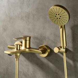 Miscelatore per lavabo in ottone dorato con doccetta manuale, set completo comprensivo di miscelatore e flessibile
