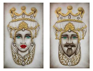 Art Maiora Quadro dipinto a mano su tela "Teste di moro crown" 110x65 set 2pz panna/oro