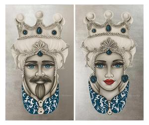 Art Maiora Quadro dipinto a mano su tela "Teste di moro crown" 110x65 set 2pz argento