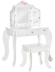 HOMCOM Toeletta per Bambini con Sgabello in Legno, Tavolo Trucco con Triplo Specchio e Cassetto, 63x40x85.5cm, Bianco|Aosom