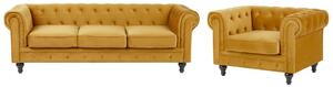Set da soggiorno Chesterfield con rivestimento in velluto giallo senape con gambe nere divano a 3 posti + poltrona Beliani