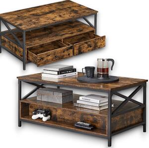 Tavolino da salotto in stile rustico, dimensioni 100x55x45 cm, con spazio contenitivo, tavolino da caffè con ripiano, design a forma di X, tavolino con 2 cassetti, colore marrone vintage/nero