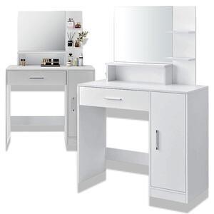 Comò da trucco con specchio, 1 cassetto, scomparti. Tavolino da trucco per cosmetici. Comò, scaffali, scrivania, bianco