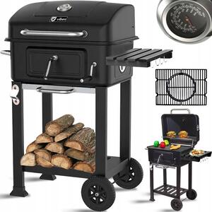Barbecue a carbone con griglia in ghisa, griglia da giardino con coperchio e termometro, dimensioni 95,5x62,7x104 cm, carrello per barbecue a carbone mobile, barbecue a carbone compatto