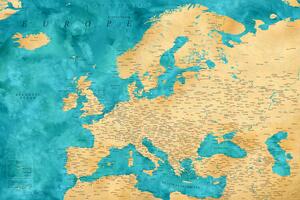 Mappa Detailed map of Europe in gold and teal watercolor, Blursbyai