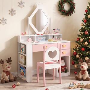 Costway Set toeletta da trucco con specchio a forma di rombo con sgabello 3 cassetti, Tavolo da trucco in legno per bambini 3-7 anni per cameretta