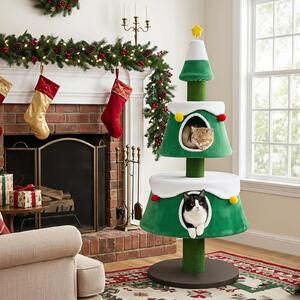 Costway Albero di natale per gatti con 2 cuccie pali graffiatoio posatoi pompon, Tiragraffi alto a multilivelli 156 cm con cuscini per gatti adulti e piccoli