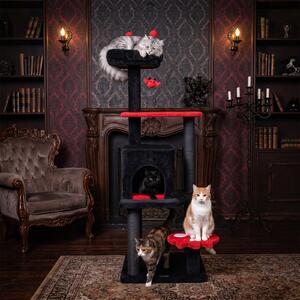 Costway Albero tiragraffi per gatti 144 cm per gatti adulti e piccoli, Parco di attività a 5 livelli stile halloween Rosso