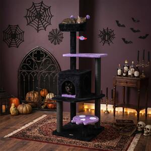 Costway Albero tiragraffi per gatti 144 cm per gatti adulti e piccoli, Parco di attività a 5 livelli stile halloween Viola