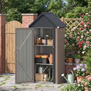 Costway Capanno da giardino in metallo zincato con 3 ripiani regolabili tetto spiovente e porta, Casetta porta attrezzi da esterno per cortile e patio Marrone