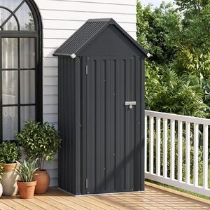 Costway Capanno da giardino in metallo zincato con 3 ripiani regolabili tetto spiovente e porta, Casetta porta attrezzi da esterno per cortile e patio Grigio