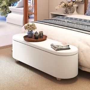 Costway Panca contenitore ovale imbottito 139 cm coperchio ribaltabile, Panca contenitore gambe in legno di caucciù Bianco