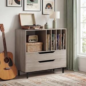 Costway Supporto per giradischi con scomparto aperto 4 ripiani per vinili e 2 cassetti, Supporto Porta vinili retrò Grigio