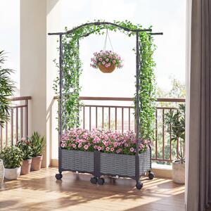 Costway Cassette per piante con irrigazione automatica graticcio e tetto, letto da giardino rialzato su ruote bloccatili rattan impermeabile Grigio