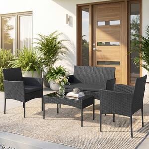 Costway Salotto da giardino in rattan 4 pz con divano poltrone e tavolino vetro, Set esterno con cuscini per balcone terrazzo e patio Nero