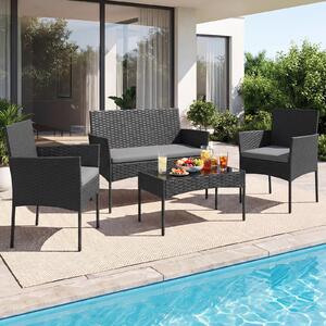 Costway Salotto da giardino in rattan 4 pz con divano poltrone e tavolino vetro, Set esterno con cuscini per balcone terrazzo e patio Grigio