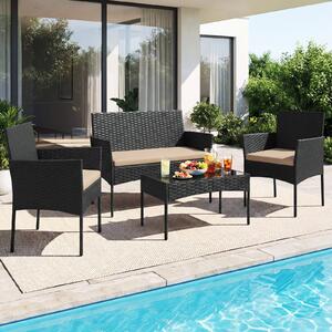 Costway Salotto da giardino in rattan 4 pz con divano poltrone e tavolino vetro, Set esterno con cuscini per balcone terrazzo e patio Tortora