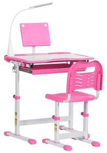 HOMCOM Banco Scuola con Sedia per Bambini 6-12 Anni con Altezza Regolabile, Piano Inclinabile a 45° e Lampada LED, in Acciaio e MDF, Rosa|Aosom