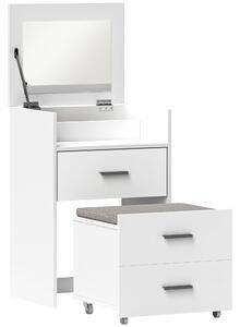 HOMCOM Tavolo da Trucco in Legno con Specchio Ribaltabile, 2 Cassetti e Sgabello, 50x40x113.5 cm, Bianco