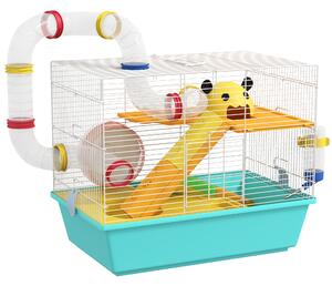 PawHut Gabbia per Criceti con Ruota, Casetta, Ciotola, Rampe e Serbatoio, in Acciaio, PS e PP, 45x28x37 cm, Bianco e Azzurro | Aosom Italy
