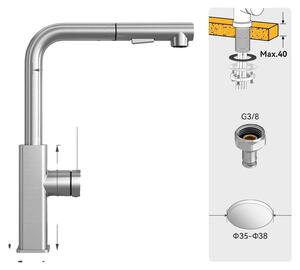 Rubinetto da cucina, girevole a 360°, con due modalità di spruzzo, acciaio inossidabile spazzolato, attacco G3/8