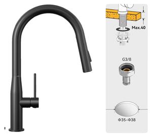 Rubinetto da cucina, soffione multifunzione, girevole a 360 gradi, colore nero, attacco G3/8