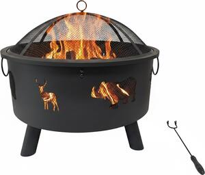 Braciere Relaxdays, Ø 64 cm, parascintille, attizzatoio, acciaio, motivo con animali, braciere da giardino, nero