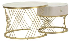 Tavoli da caff� Forma rotonda VOTIX, coppia elegante con intreccio dorato e piani coordinati dimensioni 70x48-50x43,5 CM crema e oro