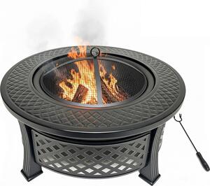 Braciere Relaxdays, Ø 55 cm, con parascintille, attizzatoio, acciaio, braciere da giardino, terrazza, nero