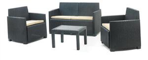 Arena - Salottino da giardino in polyrattan con divanetto 2 posti + 2 poltrone + tavolino da caffè. Set lounge da esterno color antracite fornito con 4 cuscini color crema