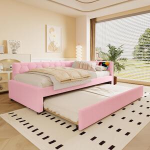 Letto a giorno con letto estraibile e porta USB, 90 x 200 cm. Divano letto a giorno, tessuto boucle, colore rosa