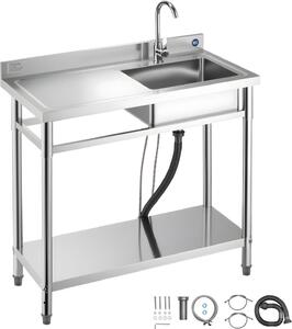 Lavello in acciaio inox - Lavello da cucina a una vasca - 100 x 50 x 94 cm - Con rubinetto - Piano di lavoro a sinistra - Per ristorazione, lavanderia e uso esterno