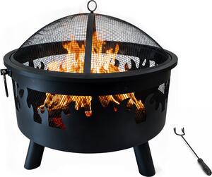 Braciere Relaxdays, Ø 64 cm, parascintille, attizzatoio, acciaio, design a fiamme, braciere da giardino, nero