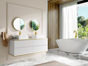 Mobile bagno sospeso scanalature profilo dorato doppio lavabo da appoggio quadrato 4 cassetti 150 cm Bianco - KELIZA