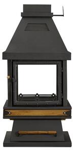 Elegante caminetto nero autoportante in acciaio inox e legno