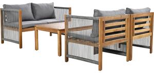 Set da Giardino in Rattan Sintetico con Cuscini Comodi, Doppio Divano, 2 Poltrone e Tavolo per Esterno in Acacia, Grigio