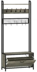 HOMCOM Appendiabiti portascarpe 5-in-1 con panca, armadietto, 10 ganci e mensola, grigio | Aosom Italy