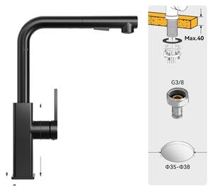 Rubinetto da cucina, con doccetta estraibile, realizzato in acciaio inossidabile resistente, finitura nera opaca, attacco G3/8